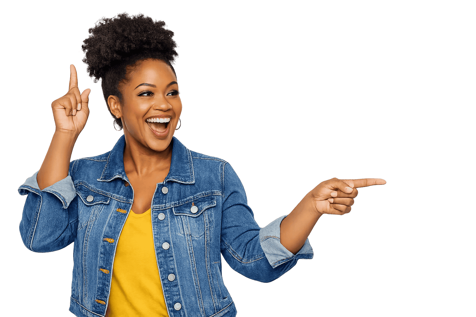 Excited woman pointing at the free premium extras included with every ATWD plan