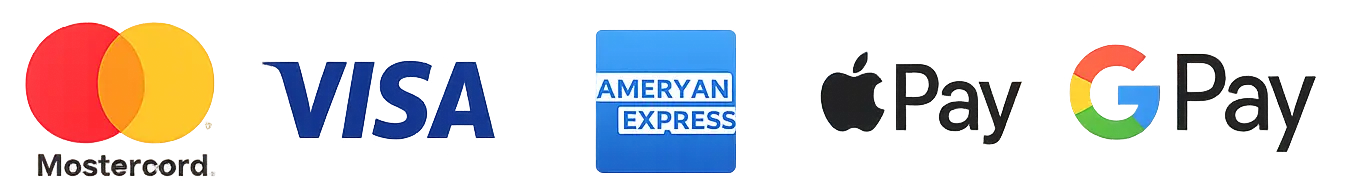 Accepted payment methods: Mastercard, Visa, American Express, Apple Pay, and Google Pay