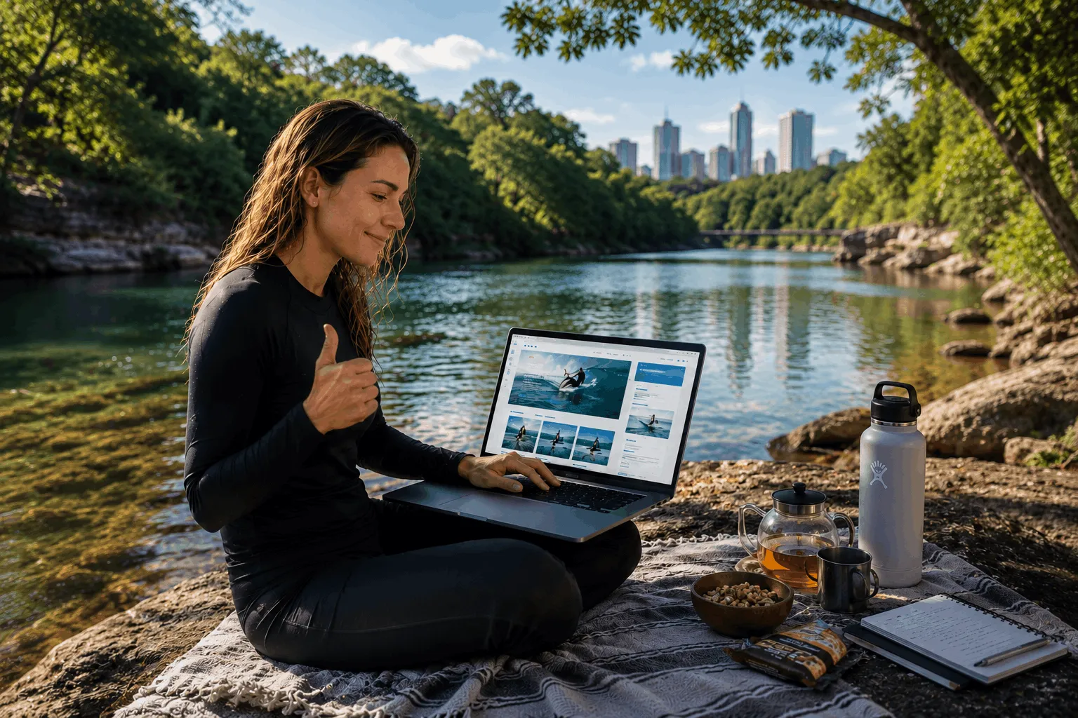 Designer working on creative web design project by the river